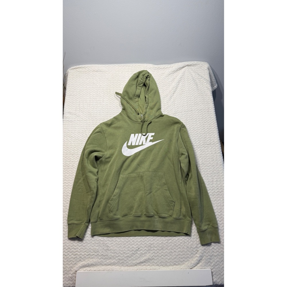 Nike Mens Sportswear Club Fleece Hoodie Olive Green White Logo M BV2973-327